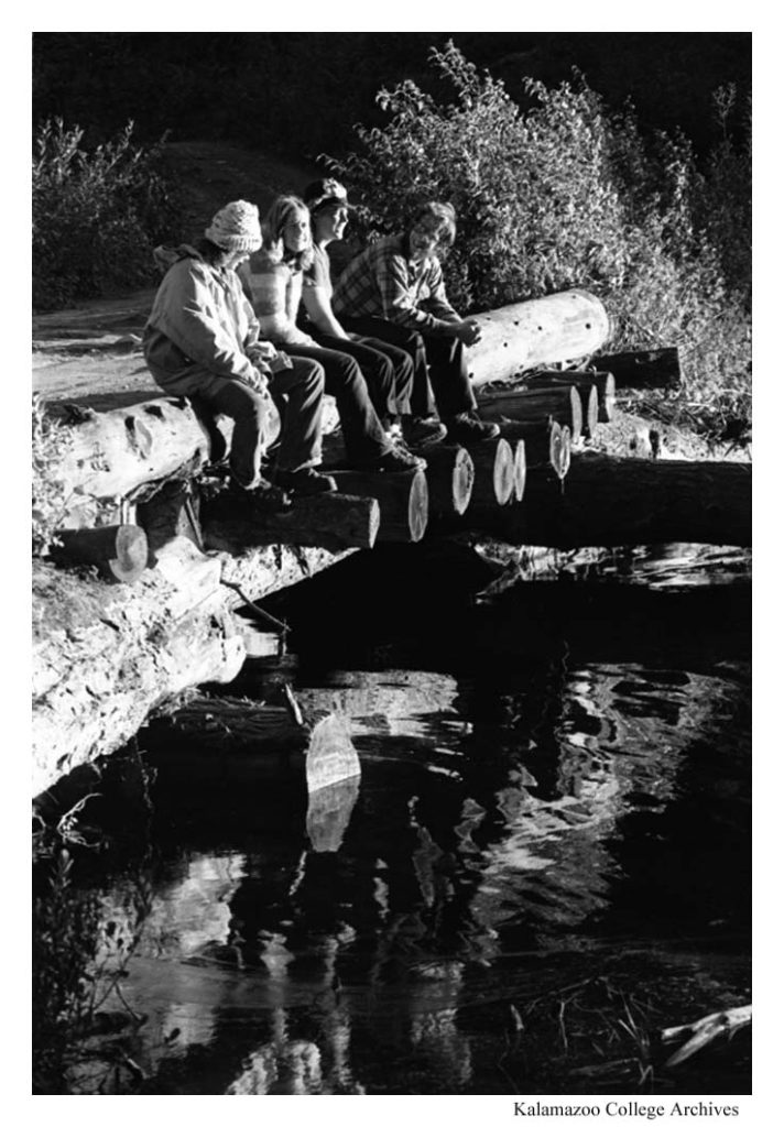 Group of four sits atop a beaver dam. 